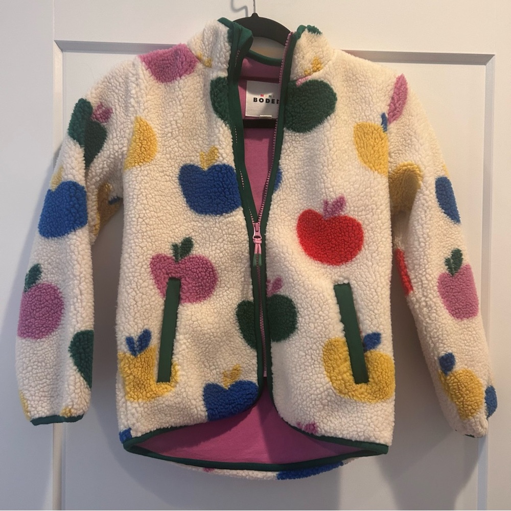 Mini Boden Apple Print Eden Borg zip Through Fleece Jacket - Picture 4 of 9